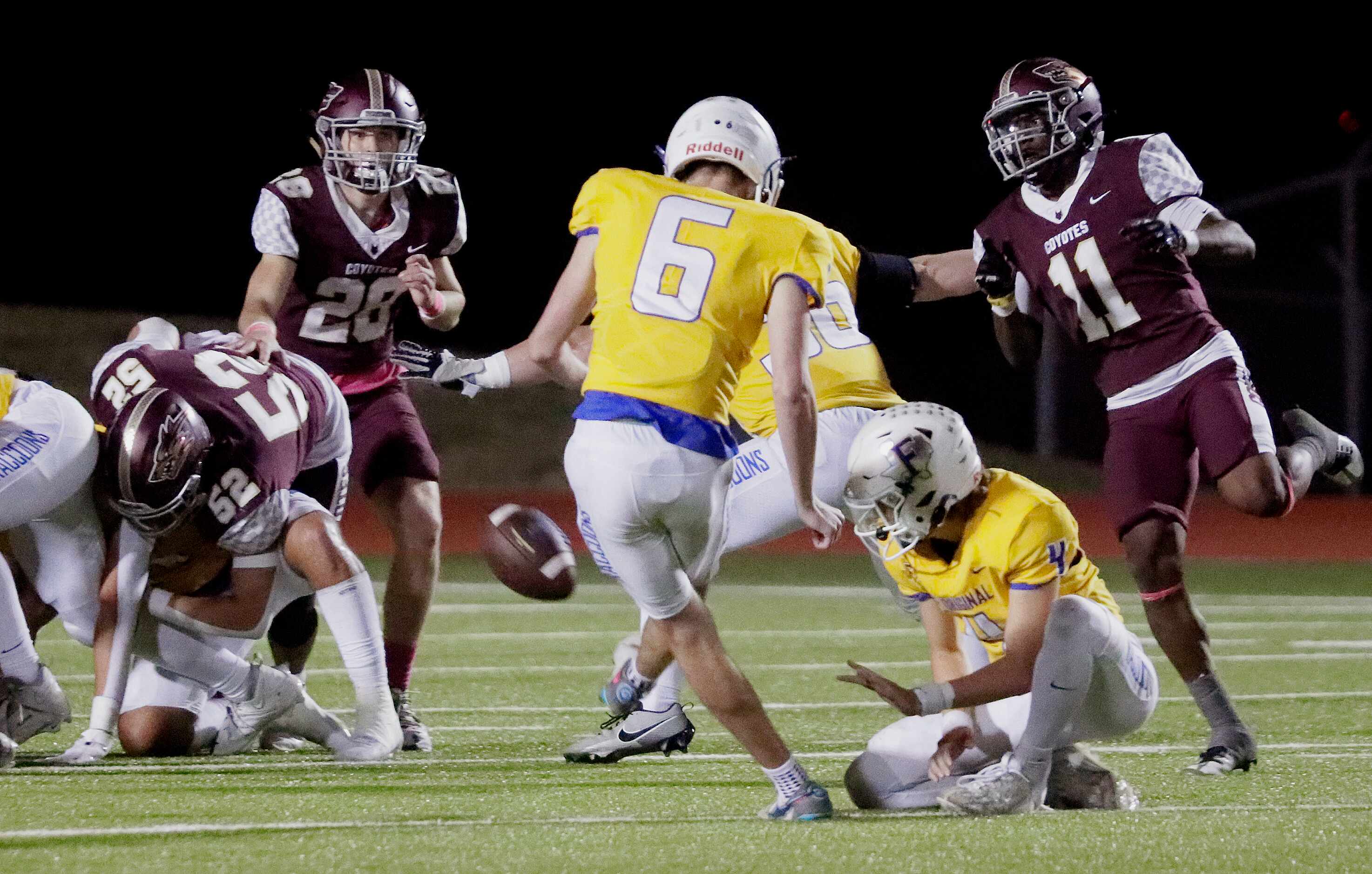 Frisco High School kicker Mason Stallons (6) makes the  kick as Frisco High School gets an...