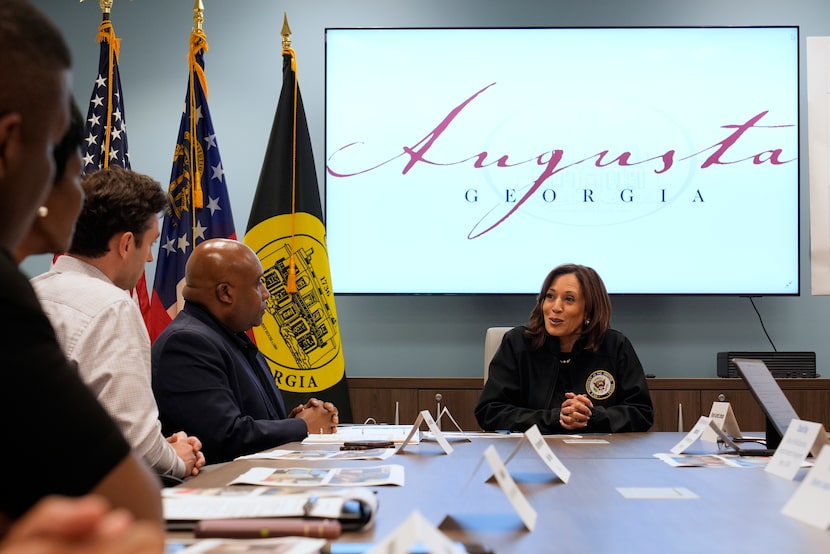 Vice President Kamala Harris speaks during a briefing at the Augusta Emergency Operations...