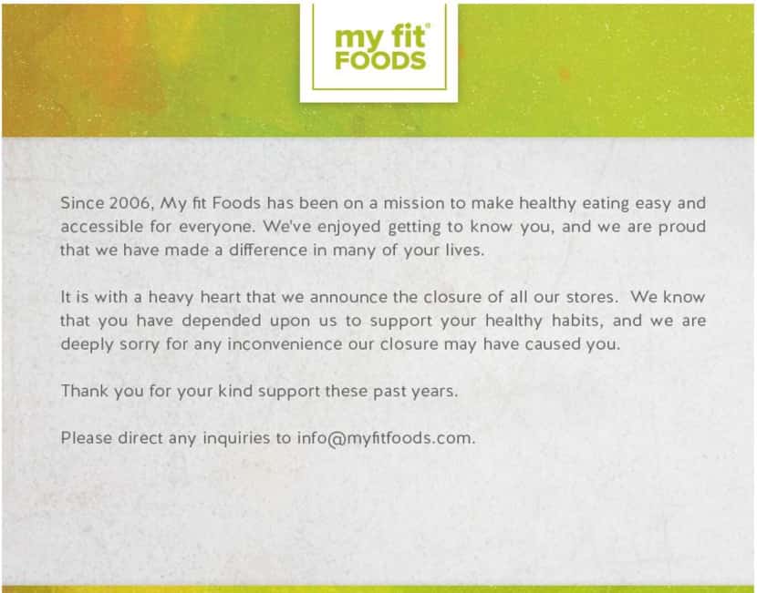 The message that My Fit Foods put up on its website Sunday, Feb. 12, 2017. 