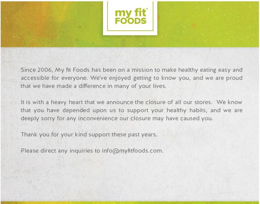 The message that My Fit Foods put up on its website Sunday, Feb. 12, 2017. 