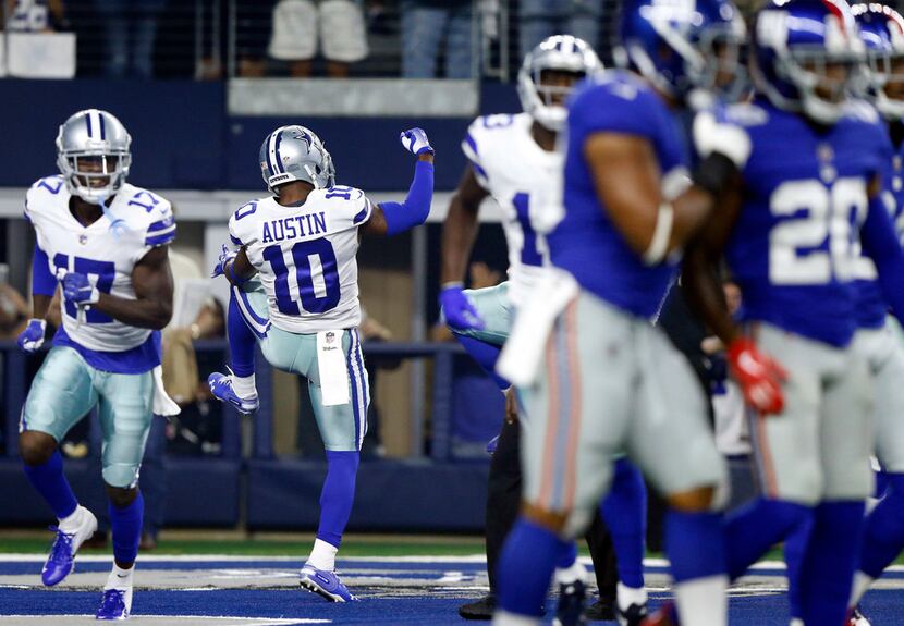 Dallas Cowboys wide receiver Tavon Austin (10) celebrates his first quarter touchdown...