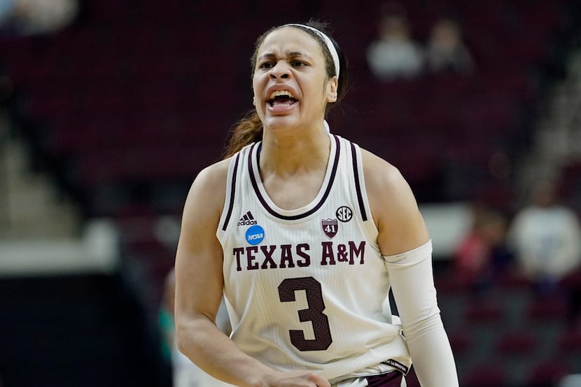 Texas A&M's Chennedy Carter (3) reacts after a Marquette turnover during the second half of...