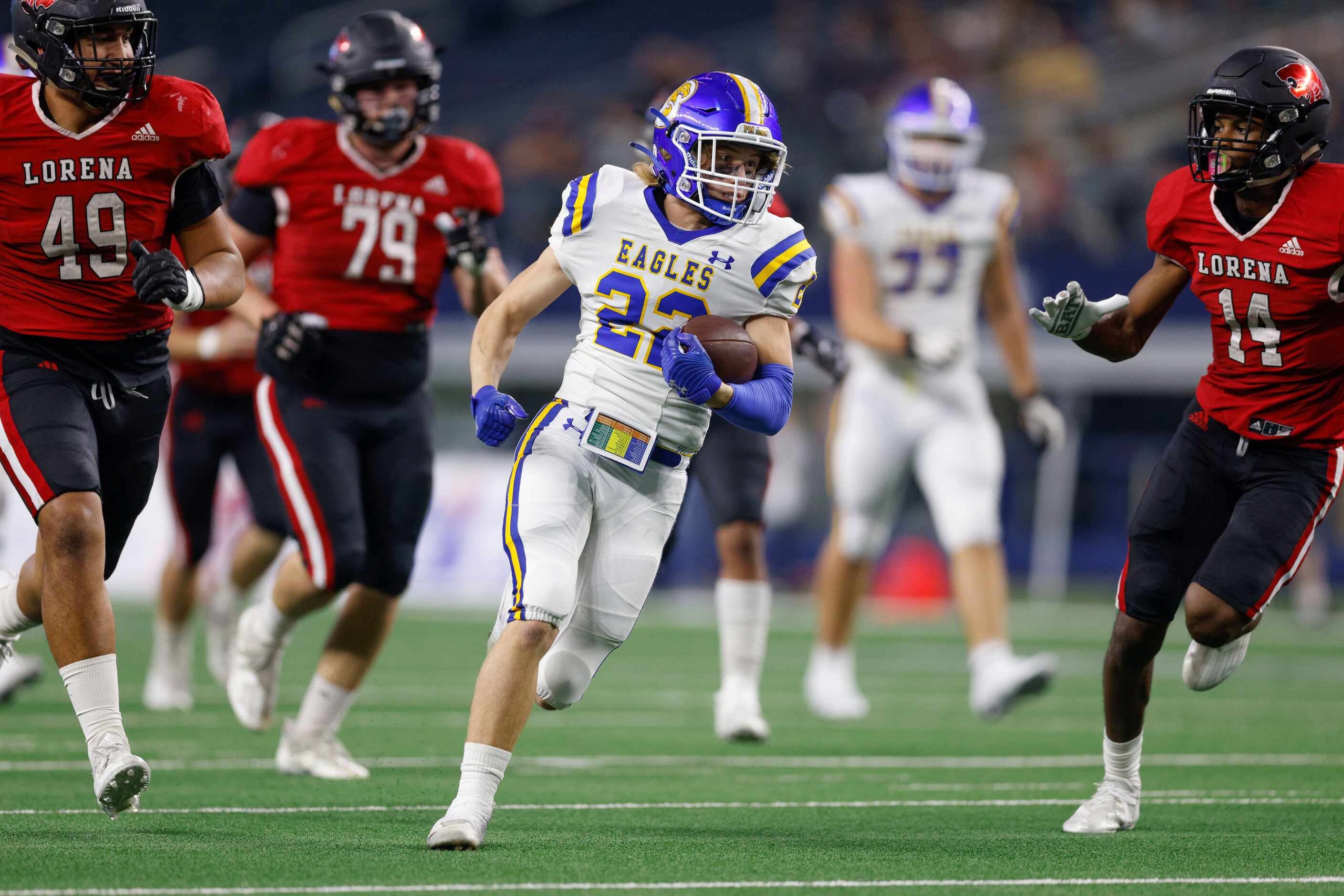 Brock running back Brett Tutter (22) splits Lorena defensive lineman Joe Gutshall (49) and...