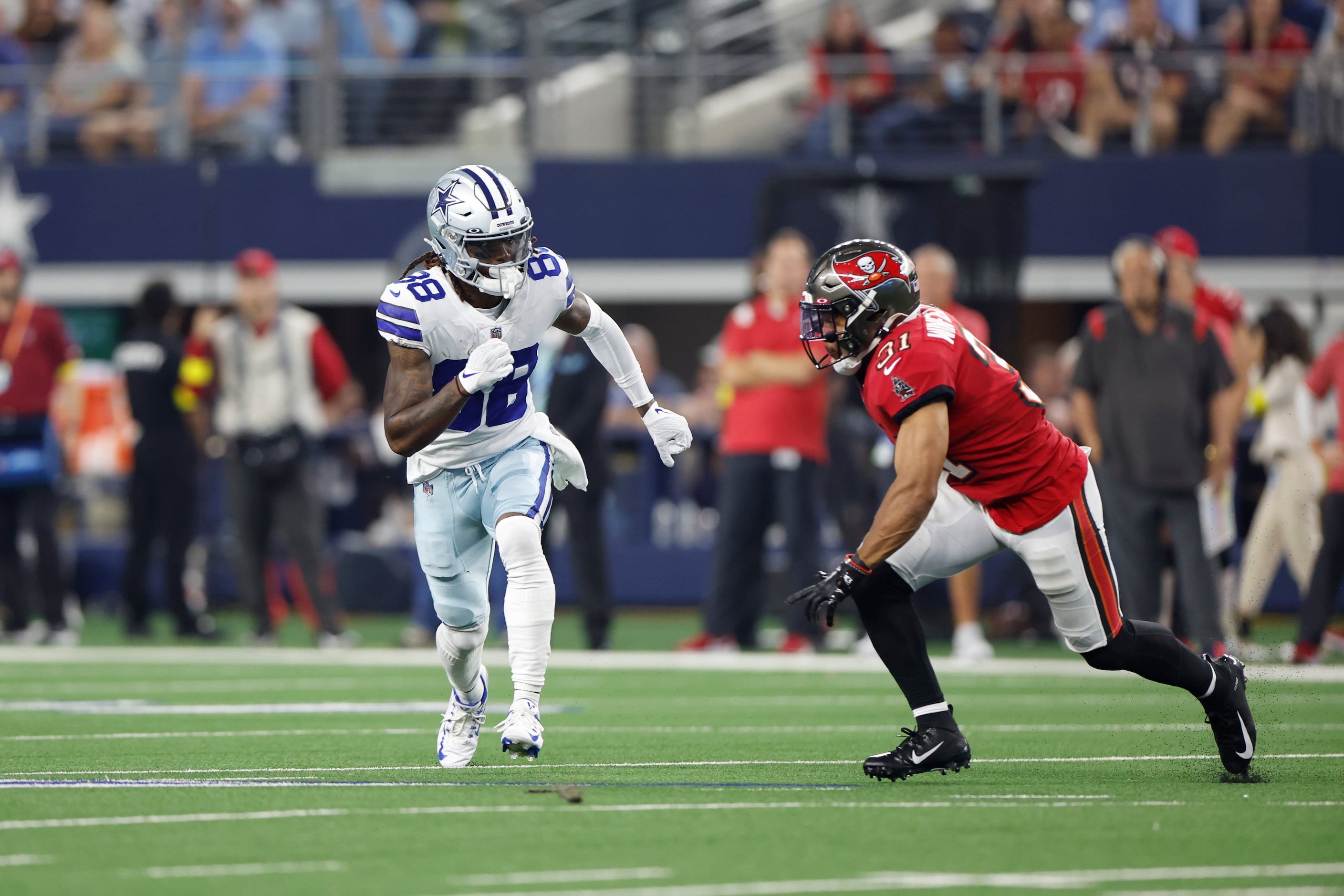 Dallas Cowboys wide receiver CeeDee Lamb (88) is seen during warm ups  before an NFL football game against the Chicago Bears, Sunday, Oct. 30, 2022,  in Arlington, Texas. (AP Photo/Brandon Wade Stock