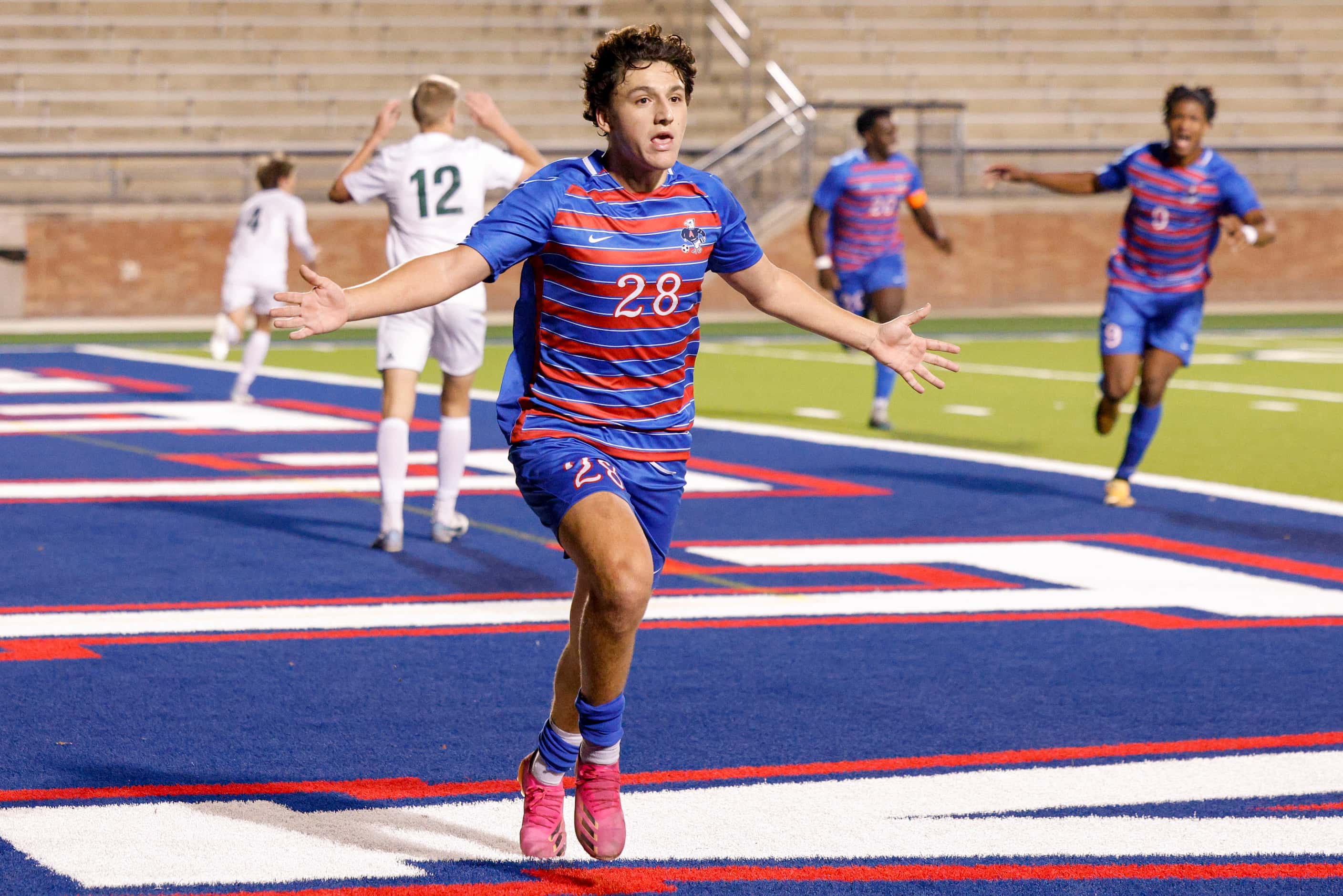 Allen’s Evan Ruiz (28) celebrates after scoring a goal during the second half of a District...