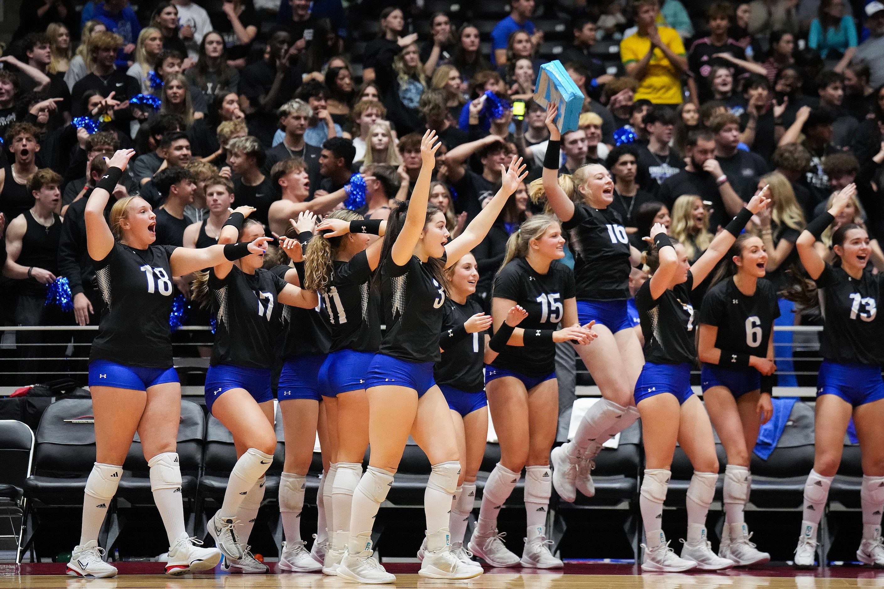 The Trophy Club Byron Nelson bench  celebrates after a kill by Ashlyn Seay during the UIL...