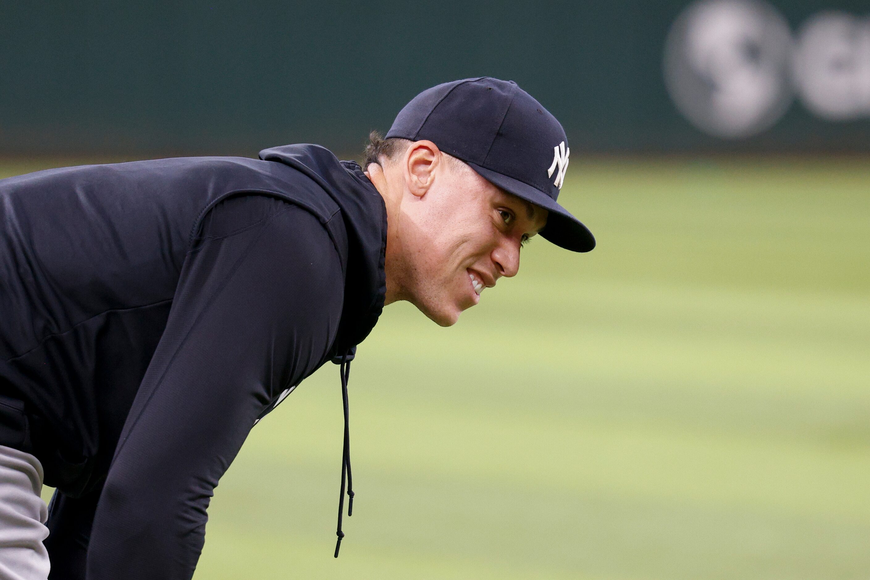 New York Yankees right fielder Aaron Judge (99) stretches before a MLB game against the...