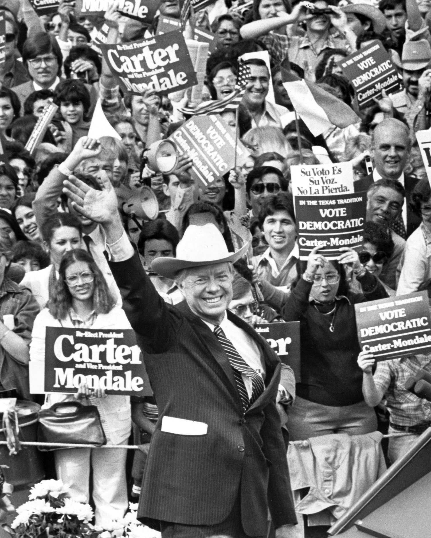 President Jimmy Carter wears a cowboy hat as he campaigns on Nov. 1, 1980,  in Brownsville,...