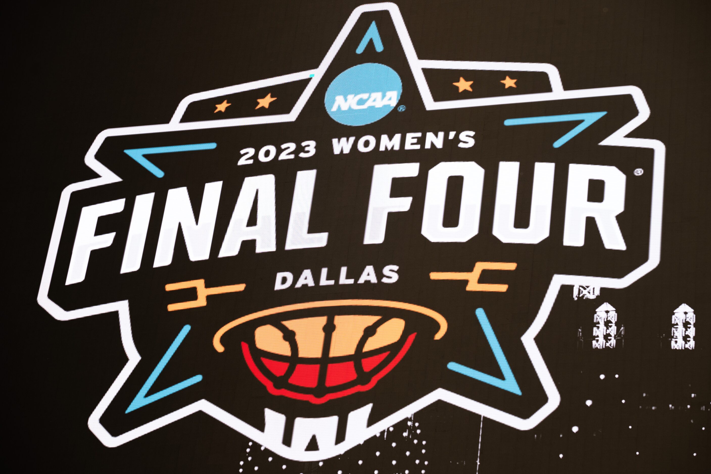 The Dallas 2023 Women's Final Four Logo on display on the giant video board at the AT&T...