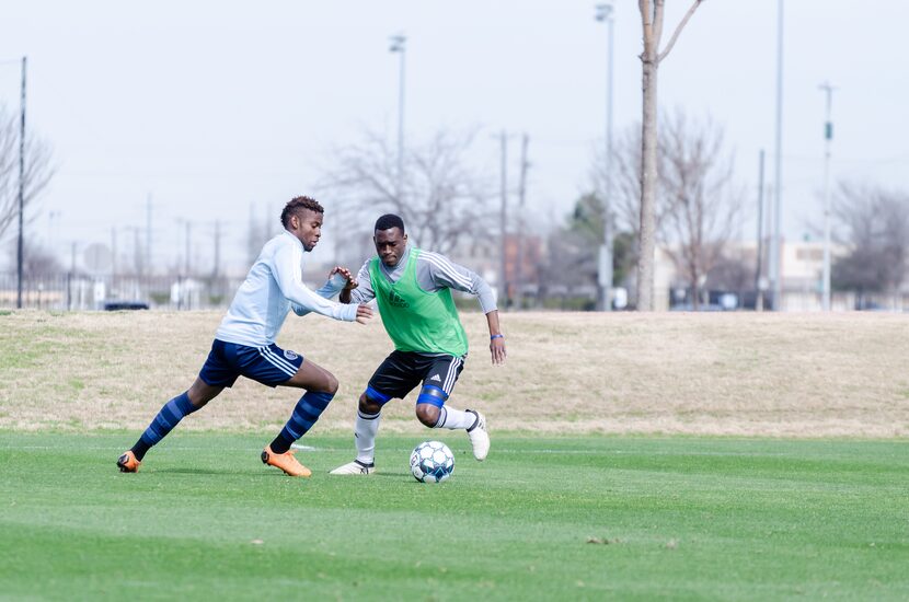 Trialist Charles Renken (green bid) plays defense for North Texas SC against Swope Park...