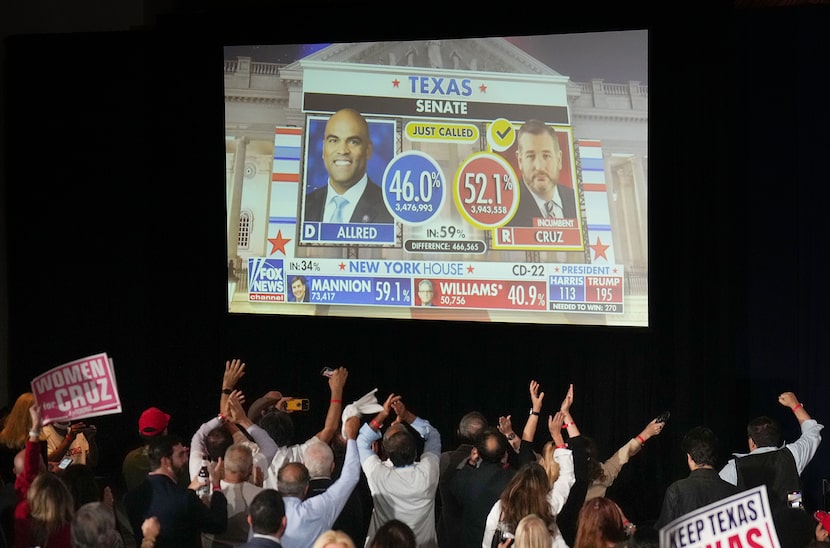 Supporters celebrate as Fox News calls the election for their candidate during an election...