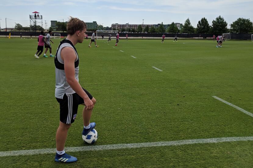 Paxton Pomykal, recently returned from meniscus surgery, takes a break during FC Dallas...