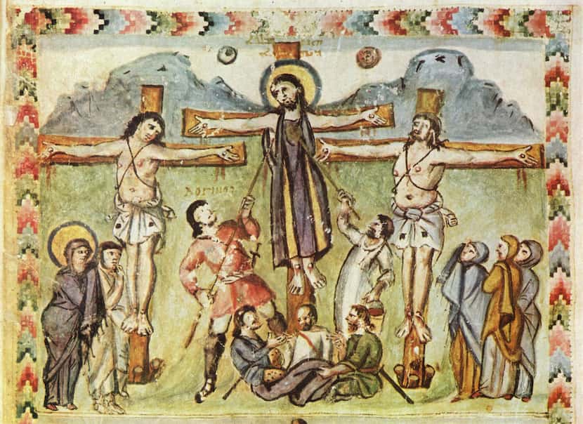 Jesus' crucifixion depicted in the illuminated manuscript, the Syriac Rabbula Gospels, by...