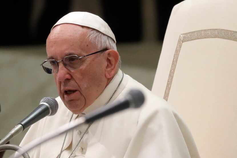 Pope Francis delivers' his speech in the Paul VI Hall at the Vatican during the weekly...