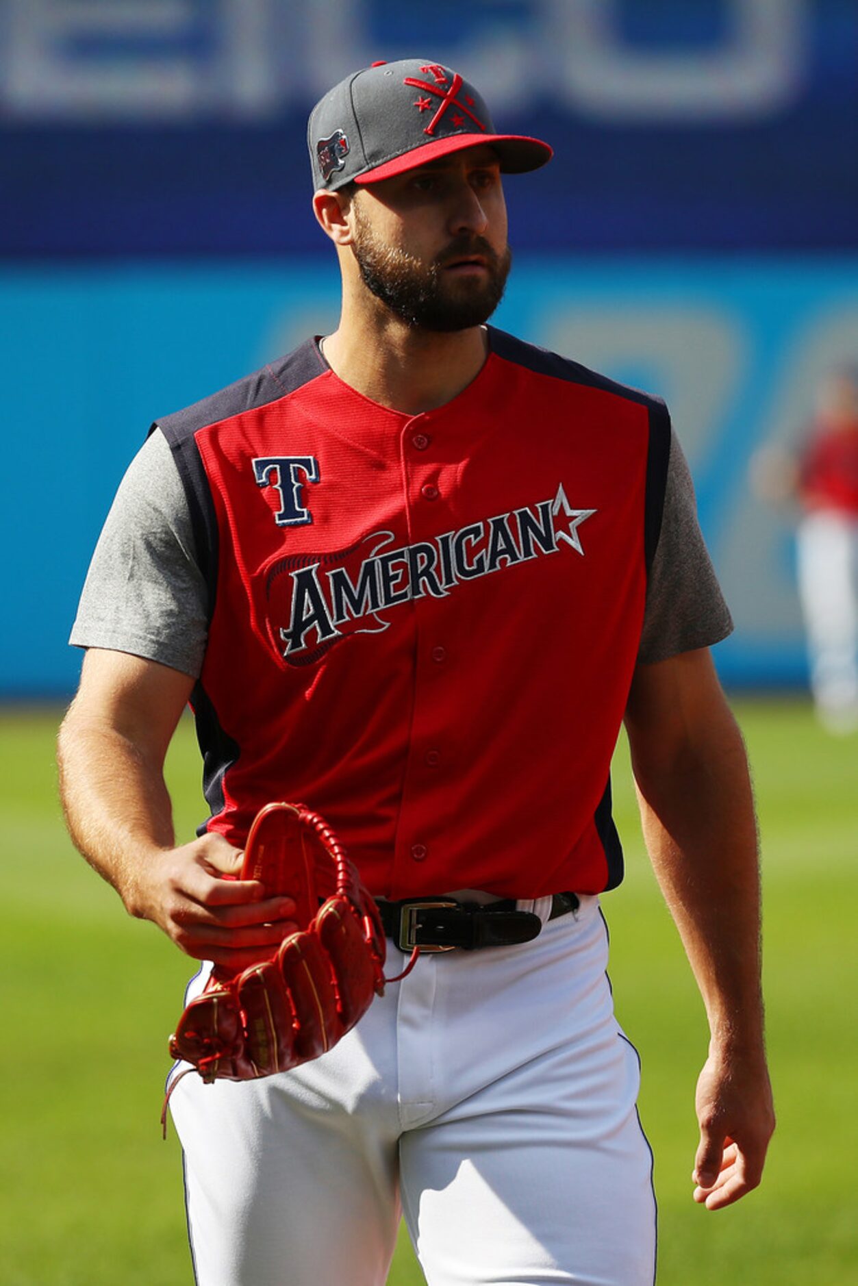 CLEVELAND, OHIO - JULY 09: Joey Gallo #13 of the Texas Rangers warms up prior to the 2019...