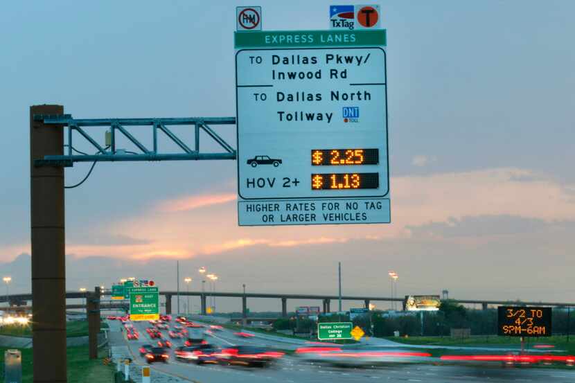  The managed toll lanes on LBJ Freeway have signs that notify drivers of fluctuating toll...