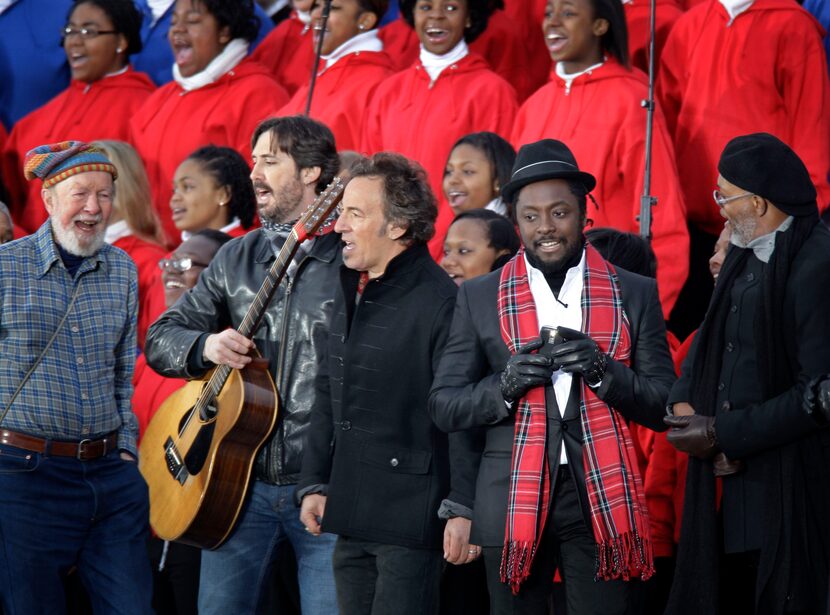 File-This Jan. 18, 2009 file photo shows from left, Pete Seeger, his grandson Tao...