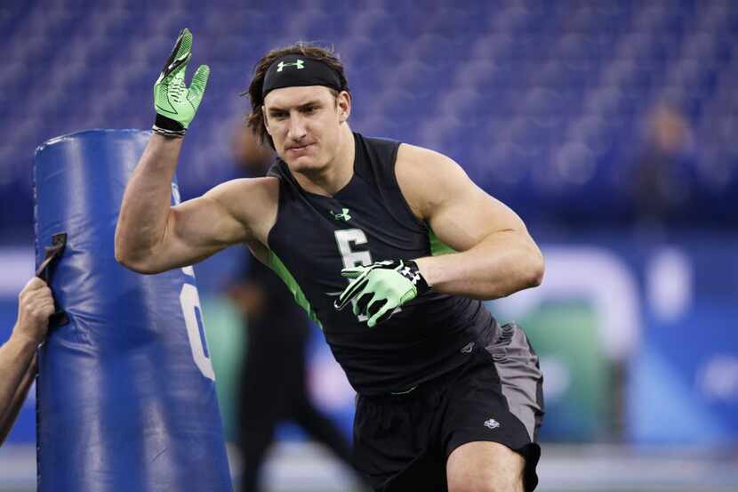 INDIANAPOLIS, IN - FEBRUARY 28: Defensive lineman Joey Bosa of Ohio State participates in a...