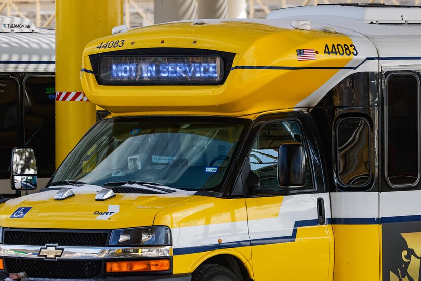 Buses were parked at DART's Northwest Operation Facility in Dallas on Friday.