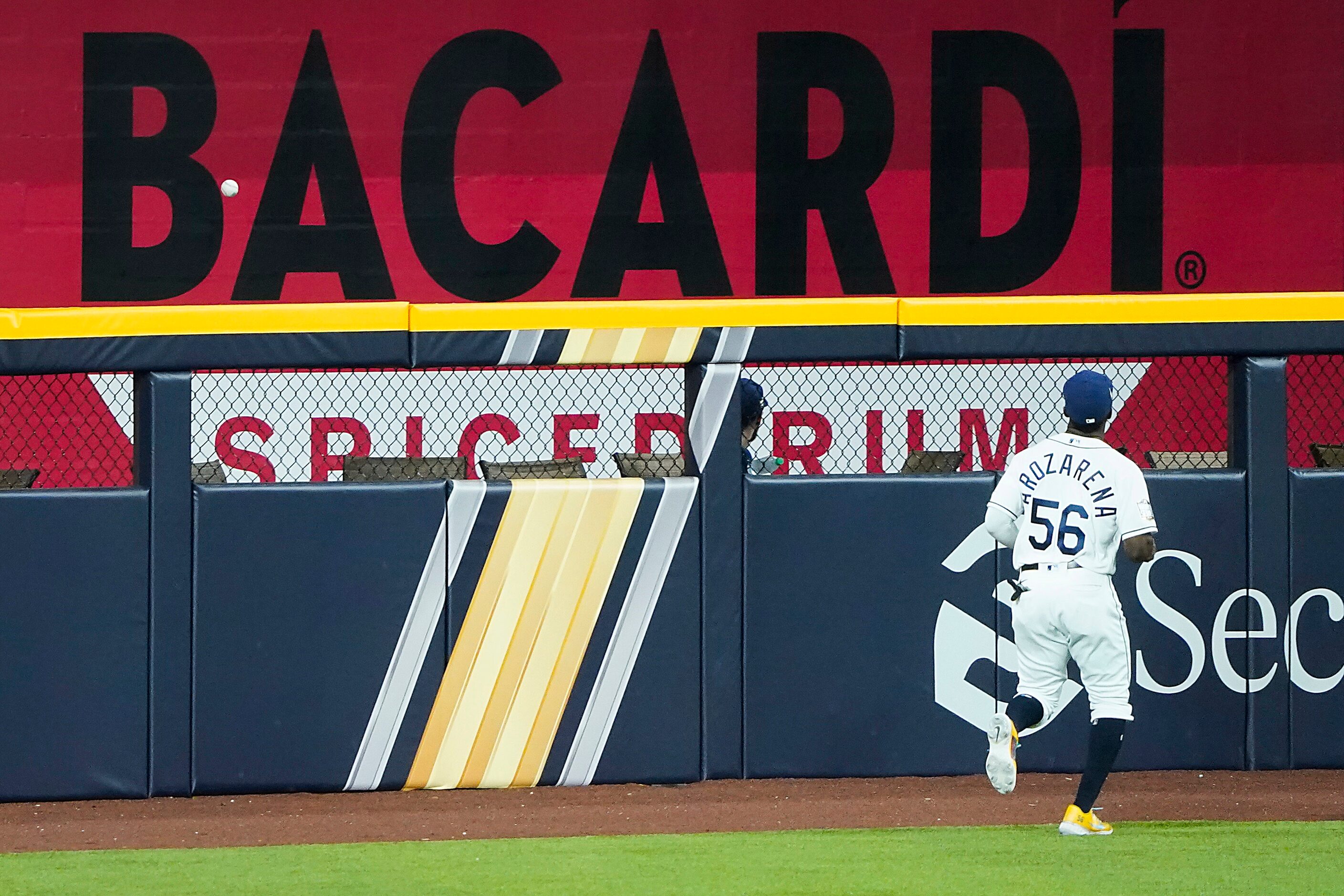 Tampa Bay Rays left fielder Randy Arozarena watches a home run off the bat of Los Angeles...