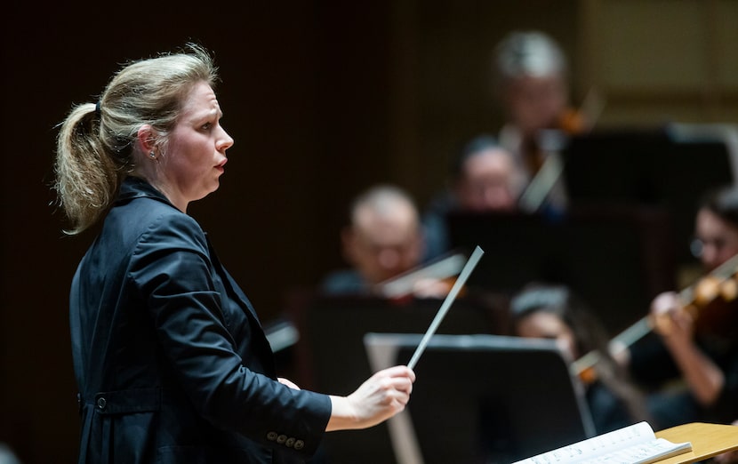 Principal guest conductor Gemma New leads the Dallas Symphony Orchestra at the Meyerson...