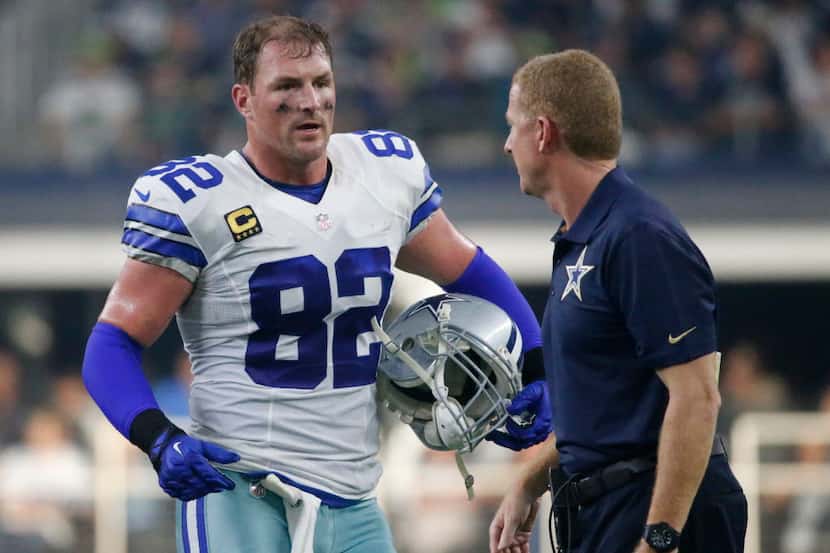 Dallas Cowboys tight end Jason Witten (82) and head coach Jason Garrett are pictured during...