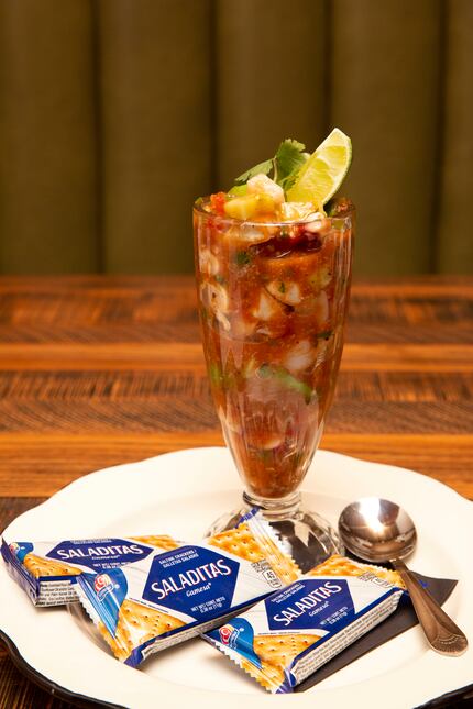 The Mexican shrimp cocktail includes Gulf shrimp, octopus, lump crab, avocado and jicama in...