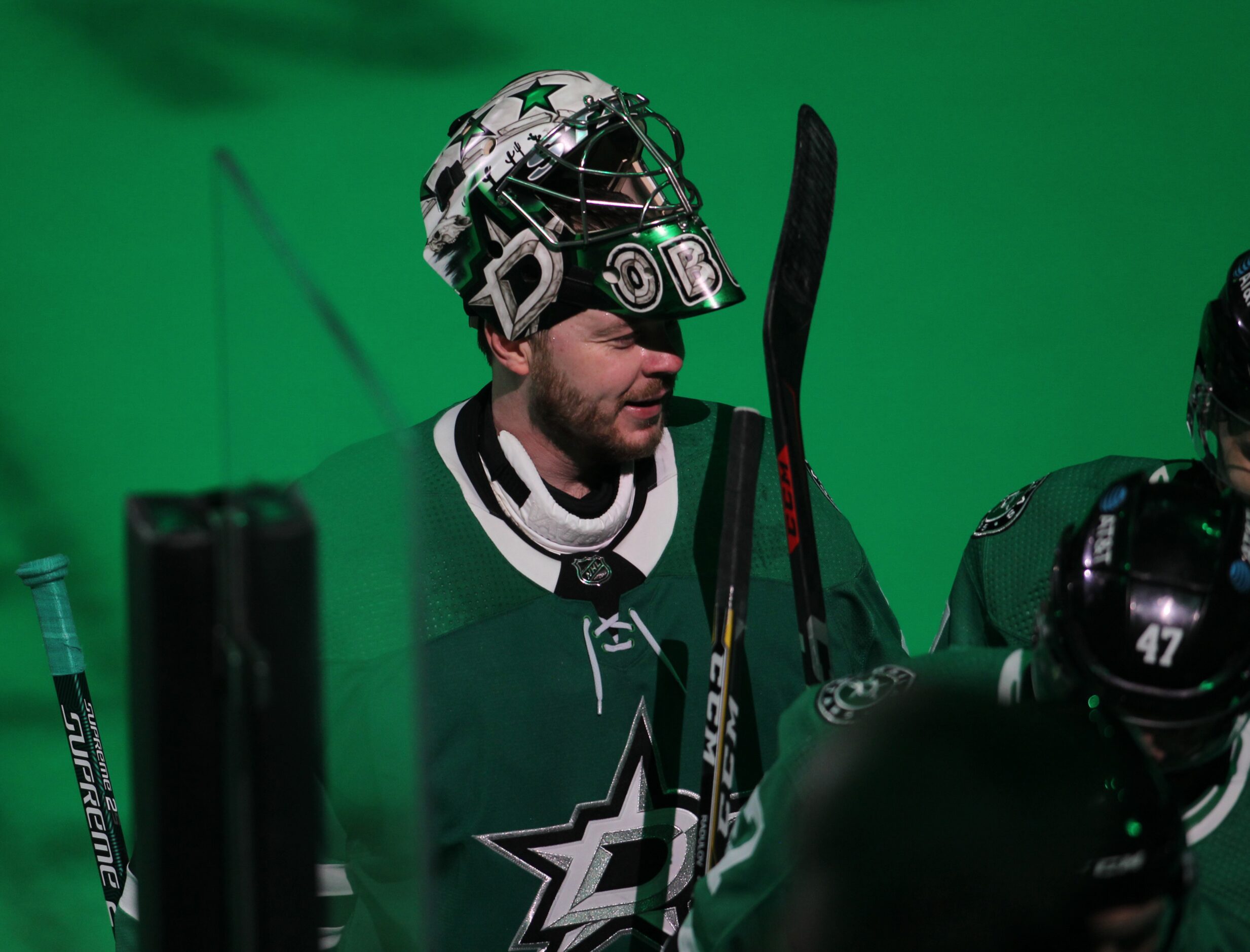 Dallas Stars goalie Anton Khudobin (35) sports a smile following the Stars' 3-2 victory over...