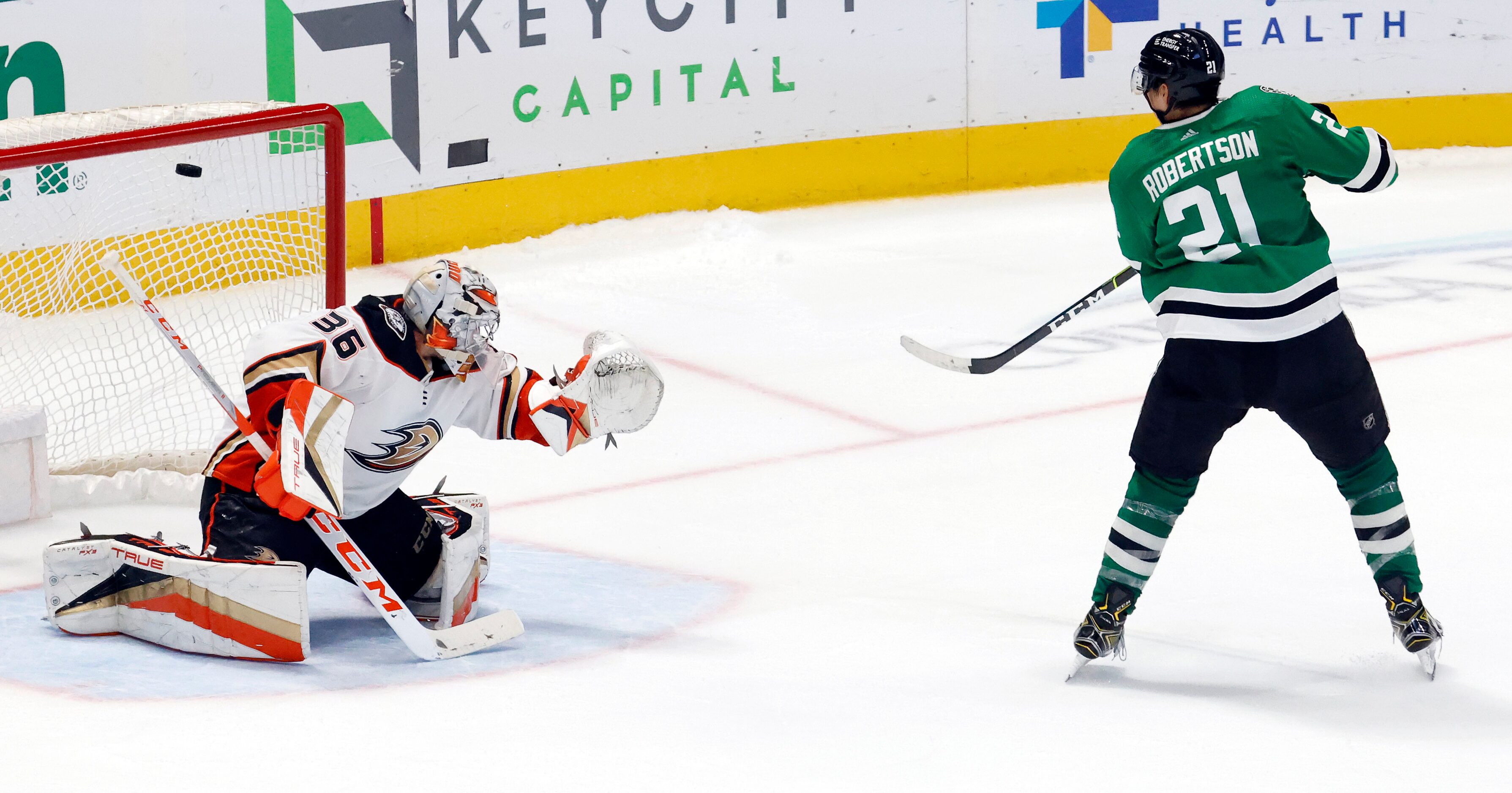 Dallas Stars left wing Jason Robertson (21) scores a shoot out goal against Anaheim Ducks...