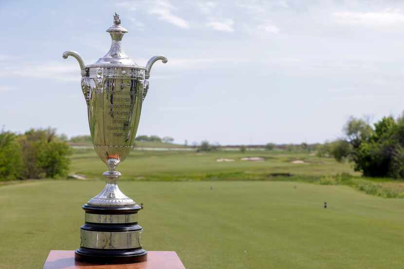 The Senior PGA Championship trophy pictured on the first tee box of the Fields Ranch East...