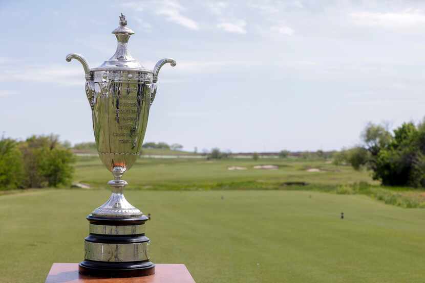 The Senior PGA Championship trophy pictured on the first tee box of the Fields Ranch East...