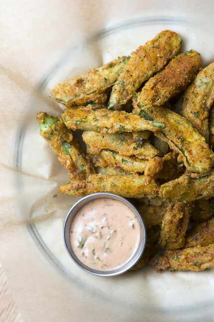 The fried okra at 18th & Vine comes long and skinny, not in little discs like most barbecue...