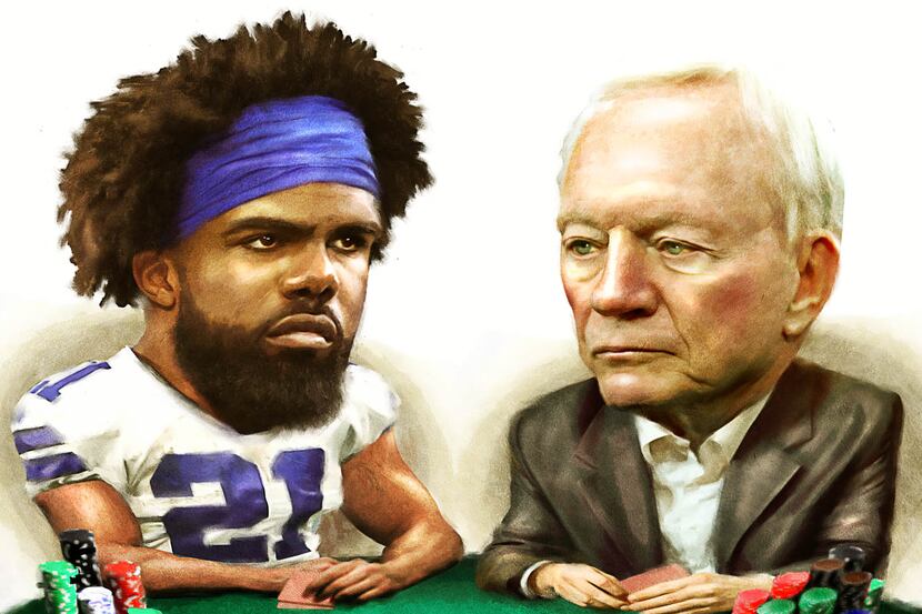 Cowboys running back Ezekiel Elliott and club owner/general manager Jerry Jones.