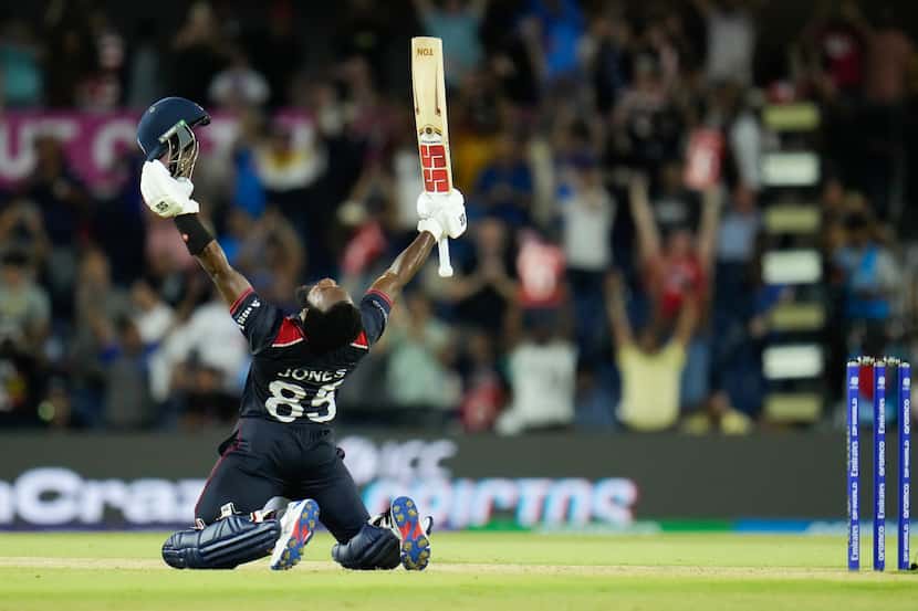 United States' Aaron Jones reacts after hitting the winning runs during the men's T20 World...