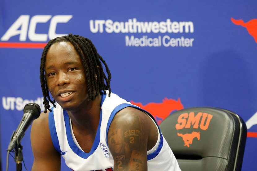 SMU guard Kevin Miller (2) speaks during the media day for the men's basketball team,...