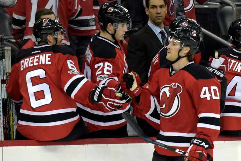 New Jersey Devils center Blake Coleman (40) celebrates his first NHL goal with Andy Greene...