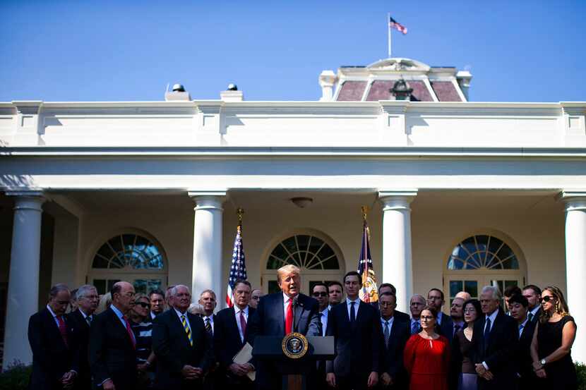 President Donald Trump speaks about the revised North American Free Trade Agreement at the...
