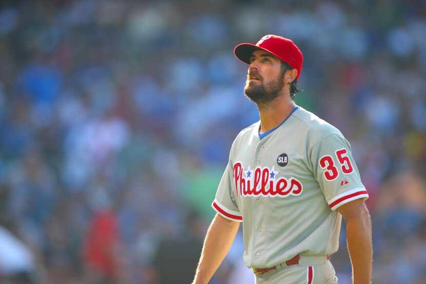 Philadelphia Phillies starting pitcher Cole Hamels (35) walks off the field after the eighth...