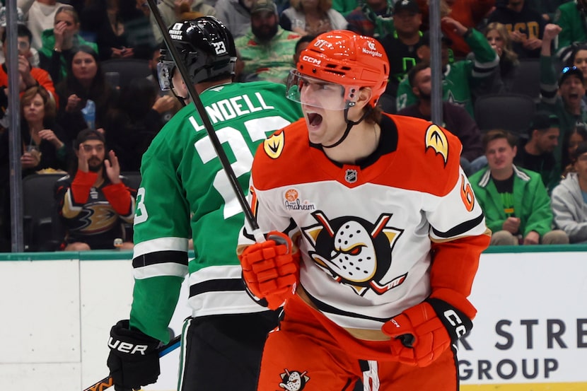 Anaheim Ducks left wing Cutter Gauthier (61) reacts after a goal against the Dallas Stars in...