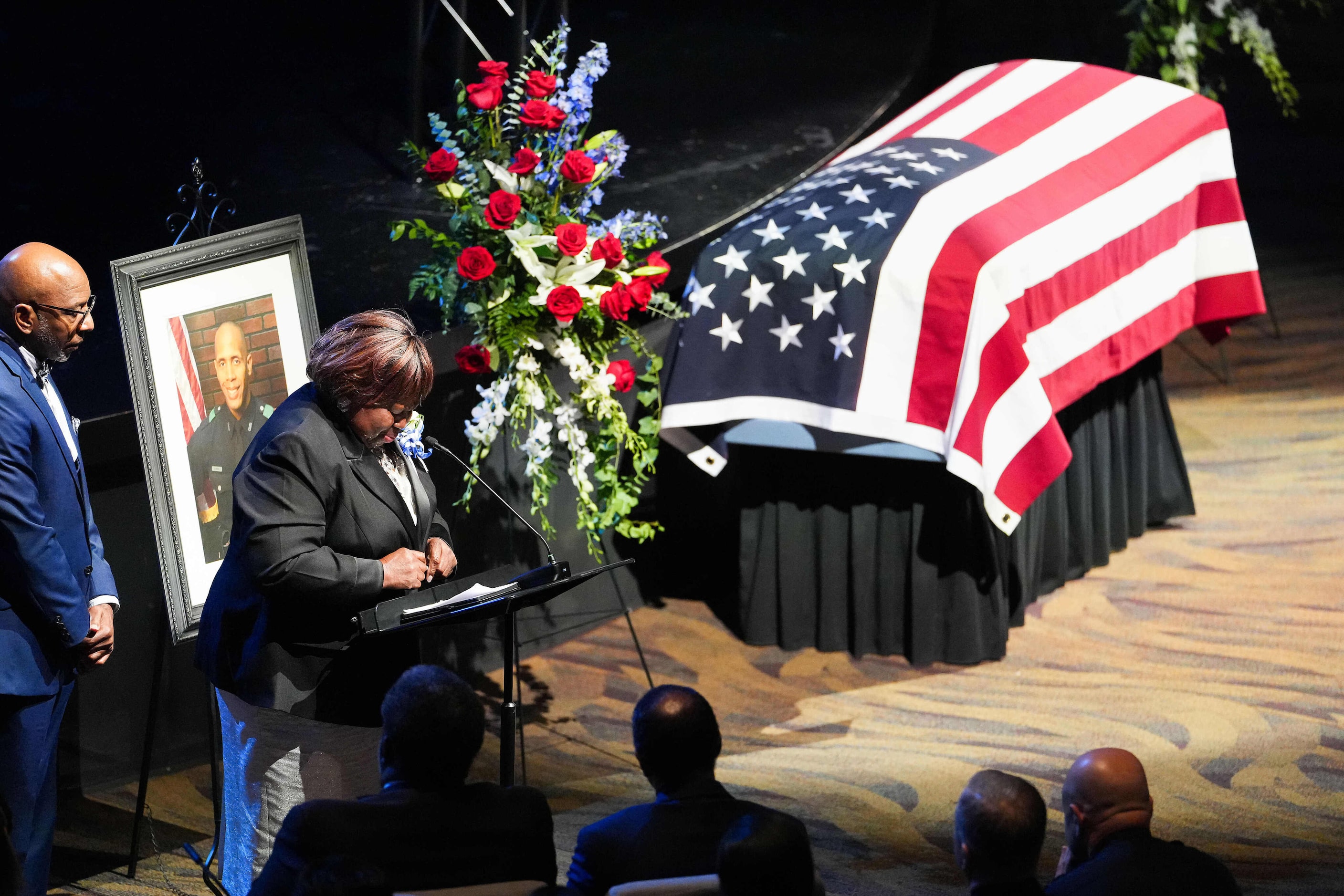 Cherie Jeffery speaks during funeral services for her son, Dallas police officer Darron...