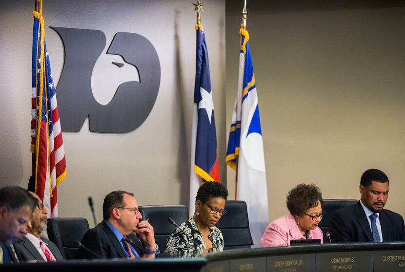 DeSoto Mayor Curtistene S. McCowan (second from right) speaks during a DeSoto City Council...
