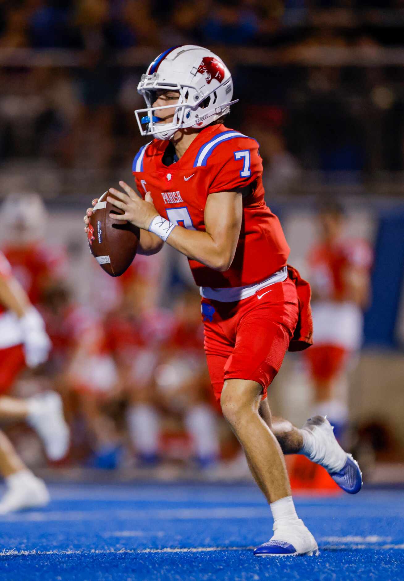 Parish Episcopal’s quarterback Sawyer Anderson (7) plays against the South Oak Cliff defense...