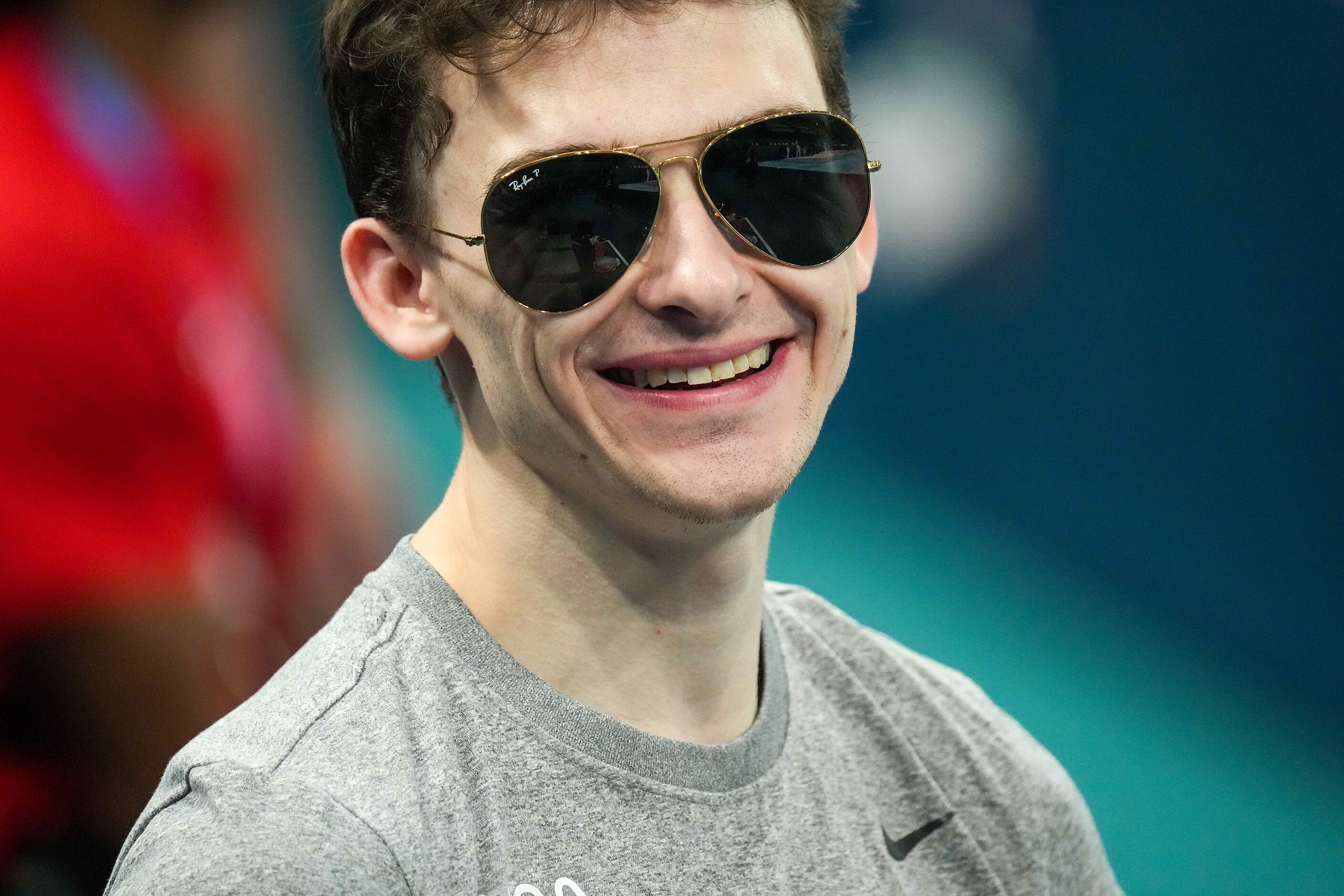 Stephen Nedoroscik of the United States watches teammates on the high bar during gymnastics...