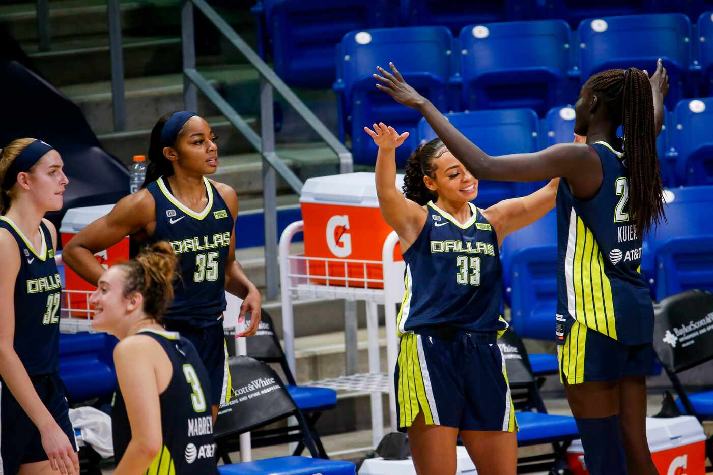 Dallas Wings guard Chelsea Dungee (33) and Dallas Wings center Awak Kuier (28) dance after...