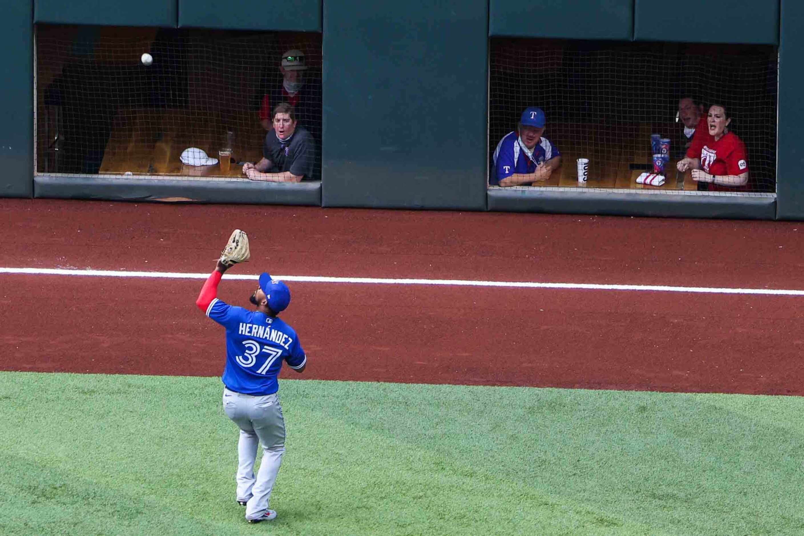 Toronto Blue Jays' outfielder Teoscar Hernandez No. 37 catches a fly ball at the Globe Life...