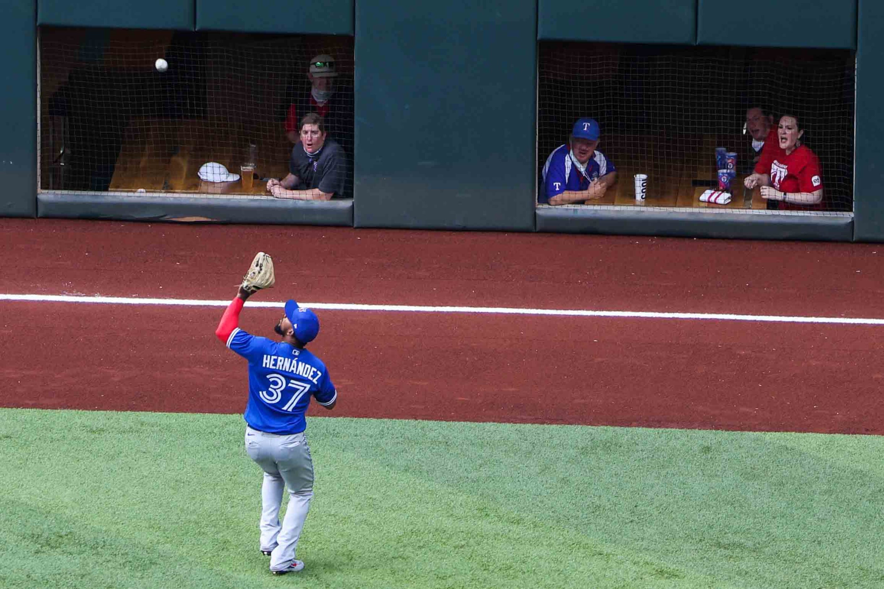 Toronto Blue Jays' outfielder Teoscar Hernandez No. 37 catches a fly ball at the Globe Life...