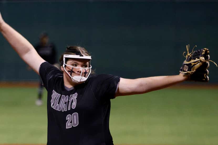 Denton Guyer pitcher Finley Montgomery (20) delivers during the seventh inning of a softball...