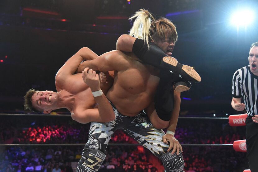 Zack Sabre Jr. and Hiroshi Tanahashi grapple at G1 Supercard in New York City, April 6, 2019.