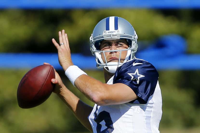 Dallas Cowboys quarterback Matt Cassel (16) throws passes during practice at Valley Ranch in...