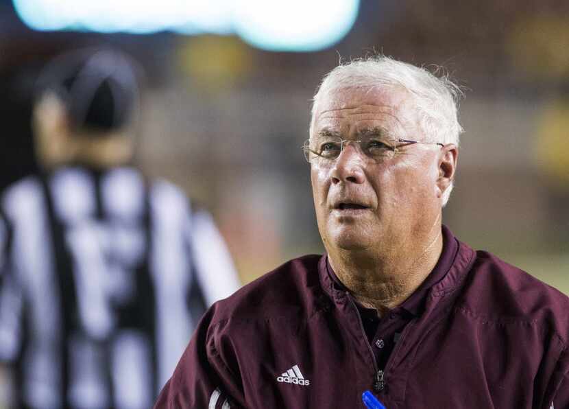 Texas State head coach Dennis Franchione looks up during the first half of his team's NCAA...